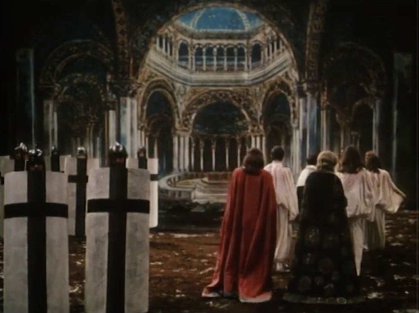 Malet bagtæppe som en tro kopi af scenebilledet fra uropførelsen af Parsifal