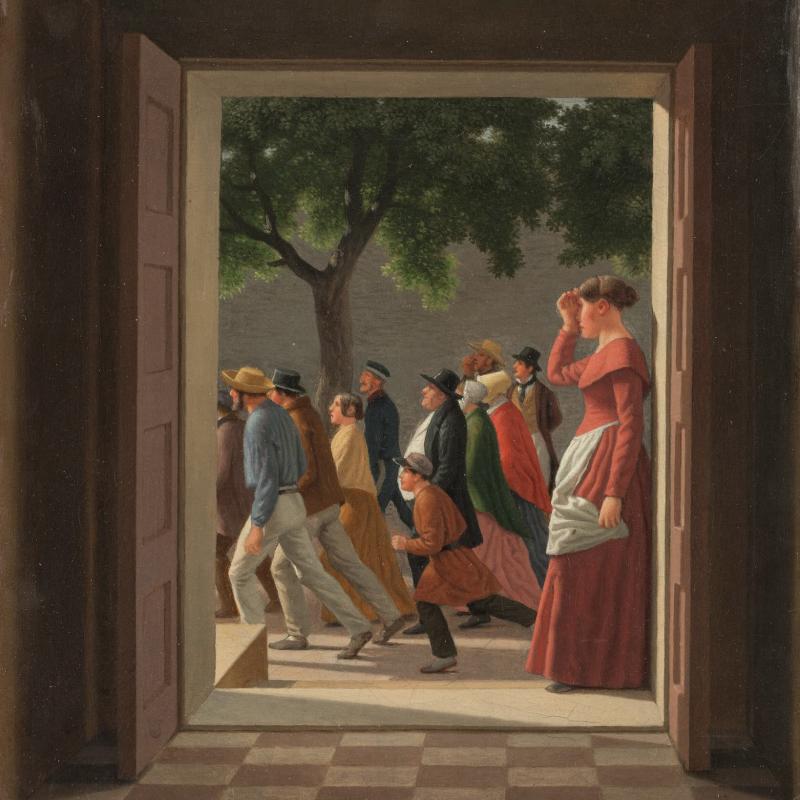 C.W. Eckersberg Udsigt gennem en dør til løbende figurer SMK.OPEN